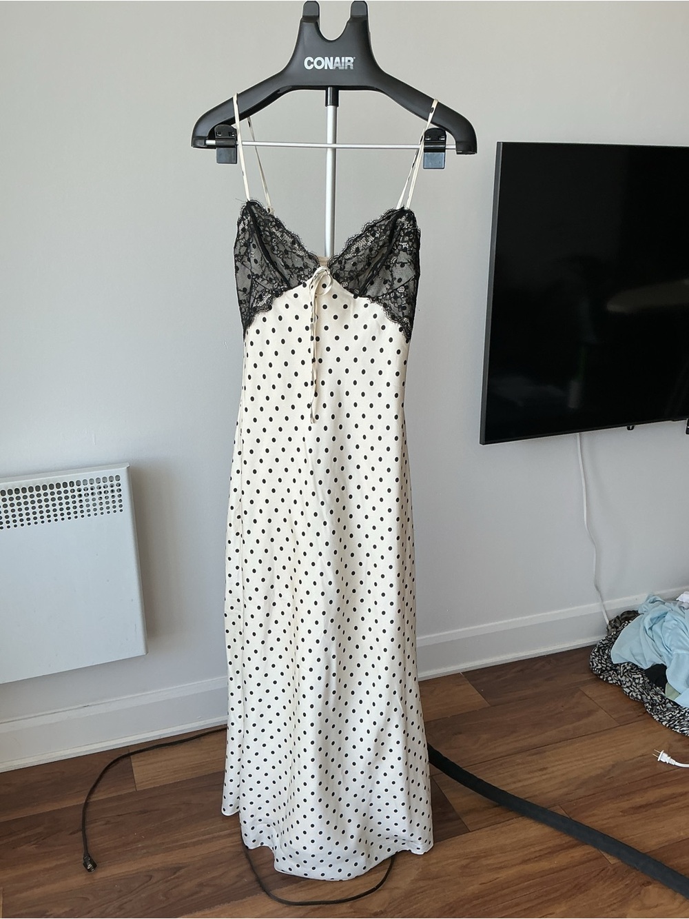Polka Dot Lace Trim Slip Dress in Cream and Black